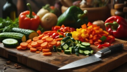 A Colorful Medley of Freshly Chopped Vegetables on a Rustic Butcher Block