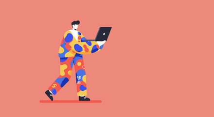 Vibrant illustration of a person walking while actively using a laptop, symbolizing mobile connectivity, remote work, or creative digital tasks. Ideal for technology, business, or lifestyle concepts.