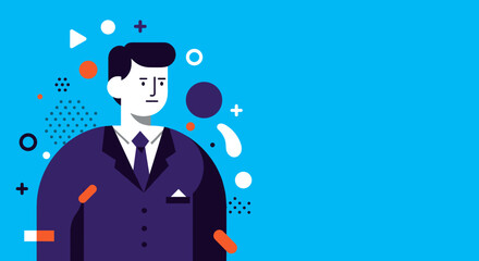 A flat design illustration featuring a businessman in a suit against a vibrant blue background, ideal for web design, marketing banners, and presentation infographics.