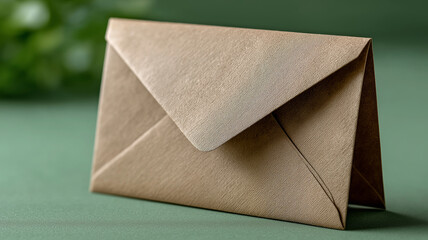 Simple flat lay photograph of natural kraft paper envelope on pastel backdrop, highlighting communication, correspondence, packaging design, and modern minimalist stationery presentation