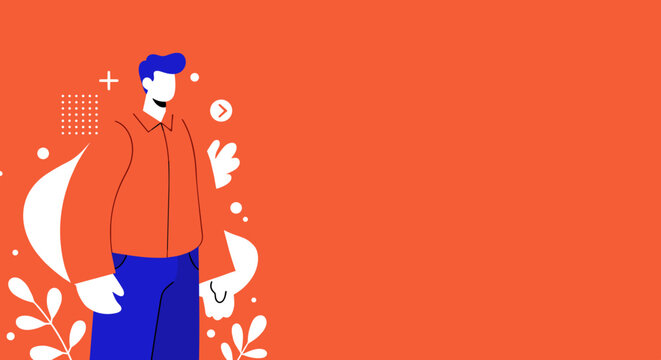 Modern flat design illustration of a confident man standing on a vibrant orange background with abstract shapes, ideal for business, technology, or lifestyle marketing.