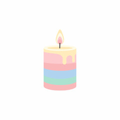 Pastel Striped Candle with Dripping Wax and Flame.