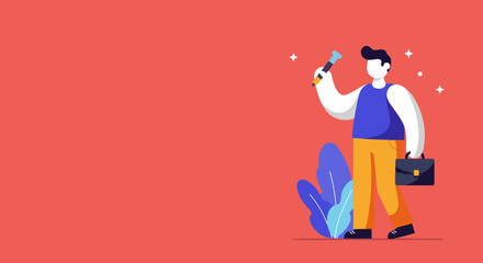 Illustrated man with a briefcase and pen, symbolizing creative ideas, business planning, and professional success. Ideal for concepts of innovation, education, and work.