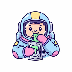 Cute Astronaut Girl Enjoying Space Food Pouch.