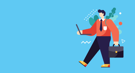 Focused businessman walks with a laptop and briefcase, embodying mobile productivity and professional success. Ideal for modern business, technology, and dynamic lifestyle concepts.