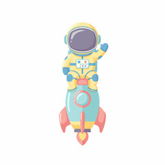 Cute cartoon astronaut in a yellow spacesuit waving while riding a light blue and red toy rocket.
