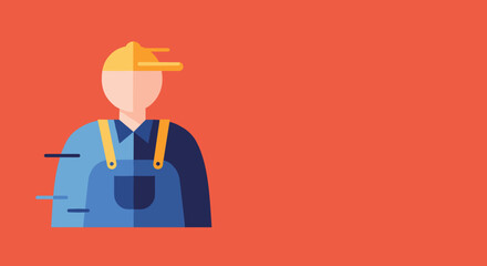 Flat design illustration of a professional worker in blue uniform and yellow safety hat on an orange background, with copy space. Represents industry, service, and labor.