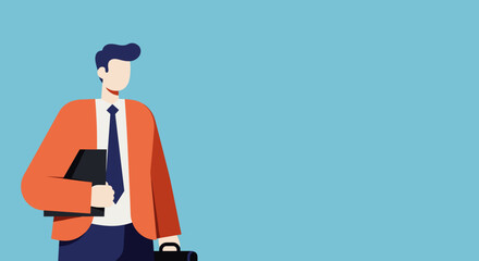Professional businessman illustration in a suit holding documents and a briefcase, symbolizing career, success, and corporate ambition with ample copy space.