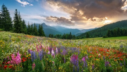 a vibrant wildflower meadow stretches beneath a dramatic sky surrounded by lush green trees and distant rolling mountains