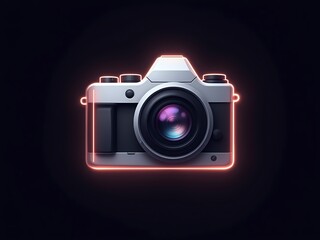 Fototapeta premium AI-generated image of a sleek, silver camera with a glowing orange outline, set against a dark background. Perfect for photography, technology, or creative concepts.