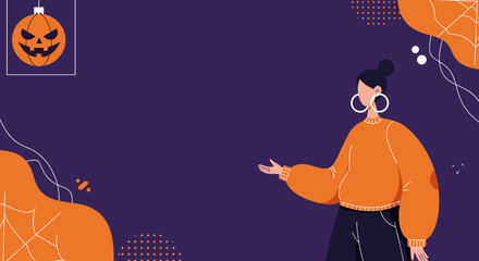 Modern illustration of a woman presenting a Halloween themed background with a jack-o'-lantern. Ideal for holiday promotions, events, and seasonal marketing.