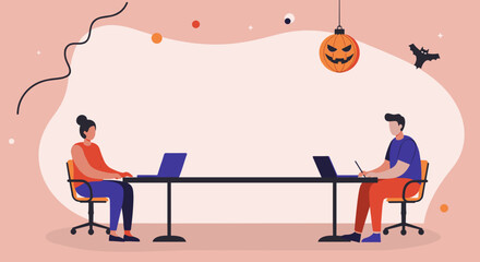 Two colleagues work on laptops at a long desk with a Halloween theme, featuring a pumpkin lantern and bat. Illustrates festive office productivity or remote collaboration.