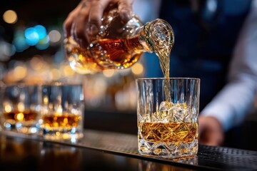 Bartender pours whiskey over ice in a glass during a lively evening at a bar