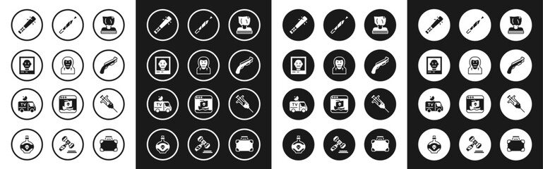 Set Kidnaping, Thief mask, Wanted poster, Baseball bat with nails, Police shotgun, Marijuana joint, Syringe and TV News car icon. Vector