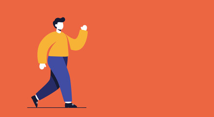 Minimalist illustration of a casually dressed man walking confidently, waving a hand. Ideal for business, lifestyle, or communication concepts.