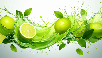 Lemon lime green splash liquid abstract fresh vibrant citrus leaves water create dynamic and refreshing composition with energetic movement and vivid color perfect for infographics