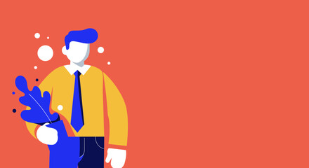 A stylish flat design illustration depicts a professional man holding a blue leaf against a vibrant orange background, perfect for marketing and web design.