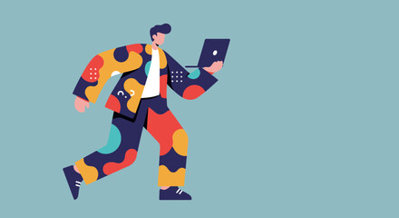 Vibrant, modern man in a colorful suit confidently strides with a laptop, symbolizing dynamic business, creative work, remote productivity, and digital lifestyle.