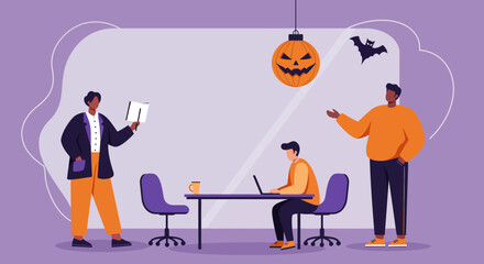 Diverse team collaborating in a modern office, celebrating Halloween with festive decorations. Ideal for business, seasonal work, or team culture concepts.