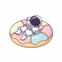 Cartoon Astronaut Relaxing on a Colorful Donut Floatation Device.