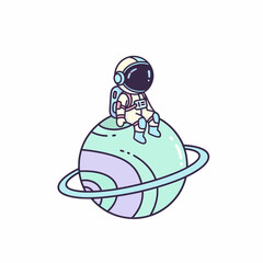 Adorable astronaut sitting on a pastel planet with rings.