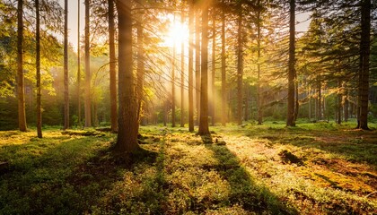 Fototapeta premium a quiet forest clearing with sunlight filtering through the trees the peaceful scene bathed in warm golden light