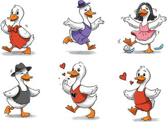 Cute cartoon ducks dressed in colorful outfits expressing emotions like love, happiness, and playfulness in fun, whimsical, and stylish poses