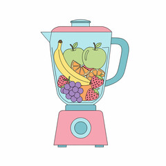 Pastel cartoon blender with fresh fruits: banana green apples grapes strawberries orange slices ready for smoothie.