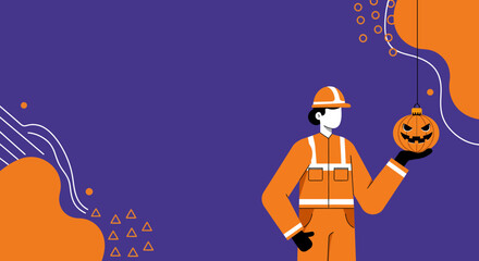 Professional in orange uniform holding a Halloween jack-o'-lantern, blending work and holiday spirit. Ideal for seasonal business promotions or safety awareness during festivities.