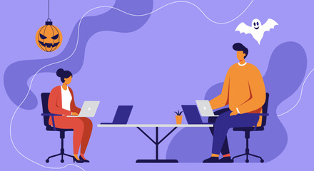 Colleagues work diligently on laptops in a festive office setting, embracing the Halloween spirit with spooky decorations. Perfect for business, productivity, or seasonal themes.