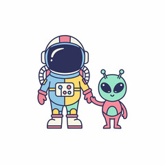 Cartoon Astronaut and Alien Holding Hands Wearing Space Suits Cute Illustration.