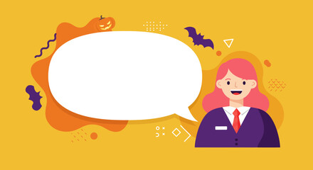 Smiling professional woman with a Halloween-themed speech bubble, ideal for seasonal messages, announcements, or festive business promotions.