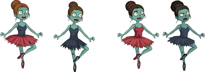 Zombie ballerina cartoon vector set, spooky undead dancers clipart, funny horror ballet girls, Halloween dance characters, scary cartoon ballerinas in tutu