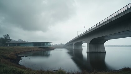 Fototapeta premium Concrete bridge spans river with calm water reflecting cloudy sky. Modern glass building sits on grassy bank. Overcast day with muted tones. Infrastructure, transport, journey, urban design.