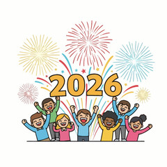 Cheerful Cartoon Kids Celebrating New Year 2026 with Fireworks