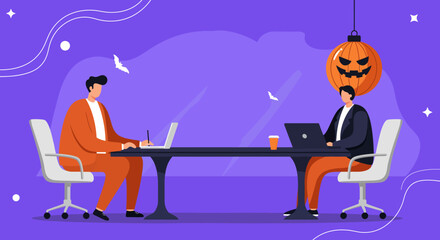 Professionals work in a modern office decorated with subtle Halloween elements, combining productivity with a festive seasonal business environment. Ideal for holiday concepts.