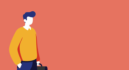 Professional man with a briefcase standing against a clean coral background, representing business, career, and travel concepts. Ideal for corporate and modern lifestyle themes.