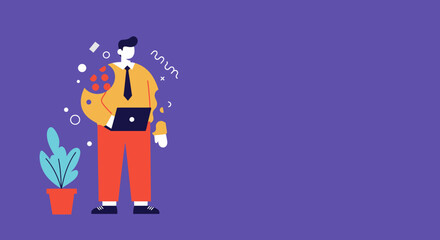 Modern businessman illustration working on a laptop, surrounded by creative abstract elements. Ideal for technology, business, and digital lifestyle concepts.