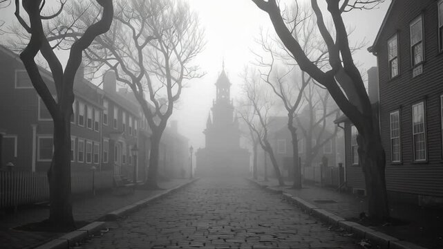 tmospheric wide shot of a deserted, foggy colonial town at dawn.