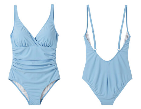 Light blue one piece swimsuit front and back view isolated on transparent background
