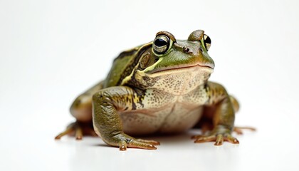 Bullfrog on white background. Macro shot of a green and brown amphibian with large eyes. Wildlife creature isolated in studio for nature, herpetology, or pet themes.