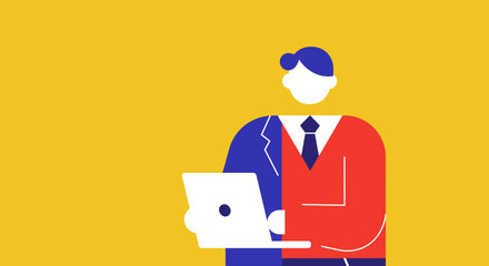Illustrative representation of a professional using a laptop, blending formal business attire with casual wear, symbolizing modern work-life balance and hybrid work solutions.