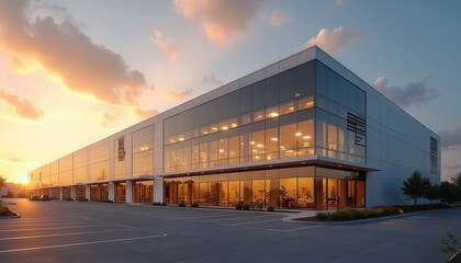 Obraz premium Modern warehouse architecture features glass facade reflecting warm sunset sky. Industrial building contemporary commercial real estate design with clean lines, ample lighting, creating inviting
