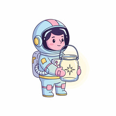 Cartoon Astronaut Holding a Glowing Jar with Star Symbol Cute Illustration.