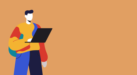 Stylized illustration of a young person using a laptop with a backpack, symbolizing online learning, remote work, and a digital lifestyle. Ideal for education, technology, and freelance concepts.