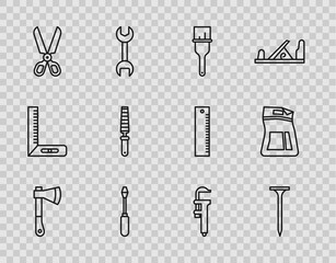 Set line Wooden axe, Metallic nail, Paint brush, Screwdriver, Scissors, Chisel tool for wood, Calliper caliper and scale and Cement bag icon. Vector