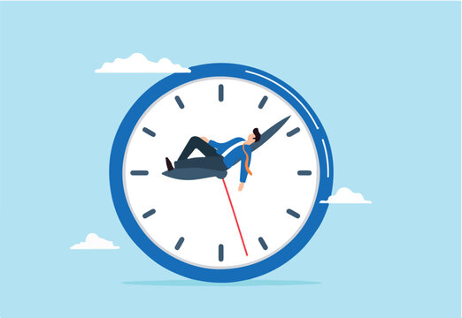 Lazy businessman sleeping atop running clock, illustrating wasted time, procrastination, or slow lifestyle. Concept of unwilling to work, low productivity or efficiency, no motivation, and tiredness