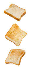 set of falling soaring flying baked bread toasts, isolated on white background