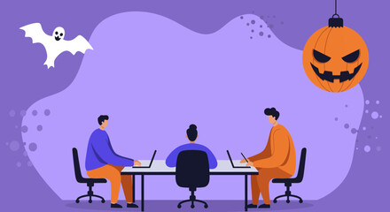 Professionals work on laptops in a Halloween-themed office with a ghost and jack-o'-lantern. Great for seasonal business, office productivity, and holiday spirit concepts.