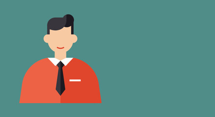 Flat design illustration of a professional man in a red shirt and black tie, ideal for business concepts, user profiles, or corporate identity. Modern graphic with copy space.